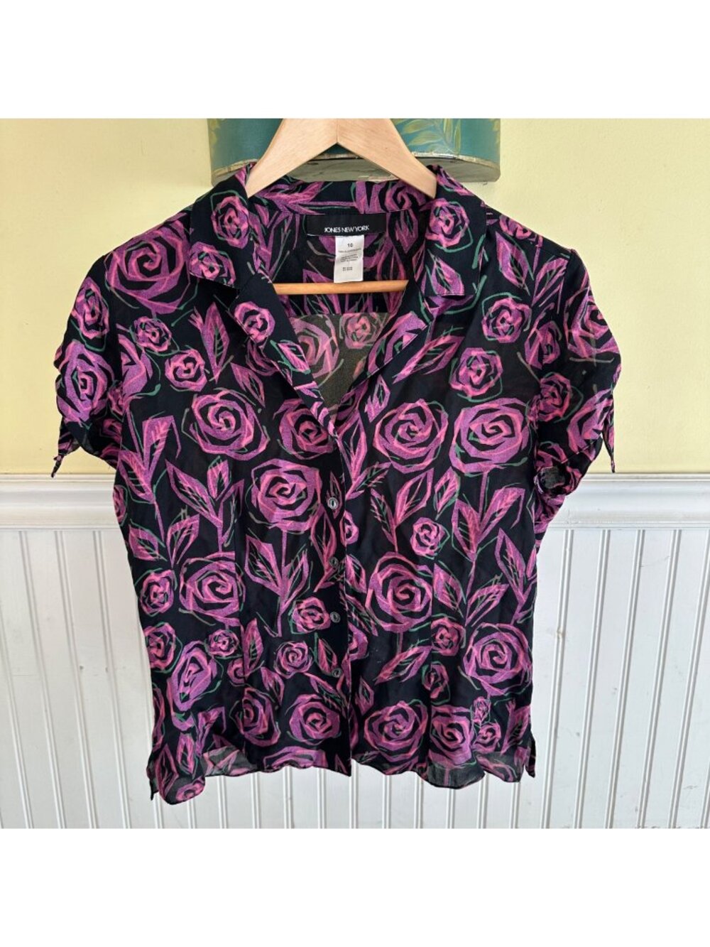 Jones New York Womens Floral Silk Button-Up Blouse Size 10 Black & Pink